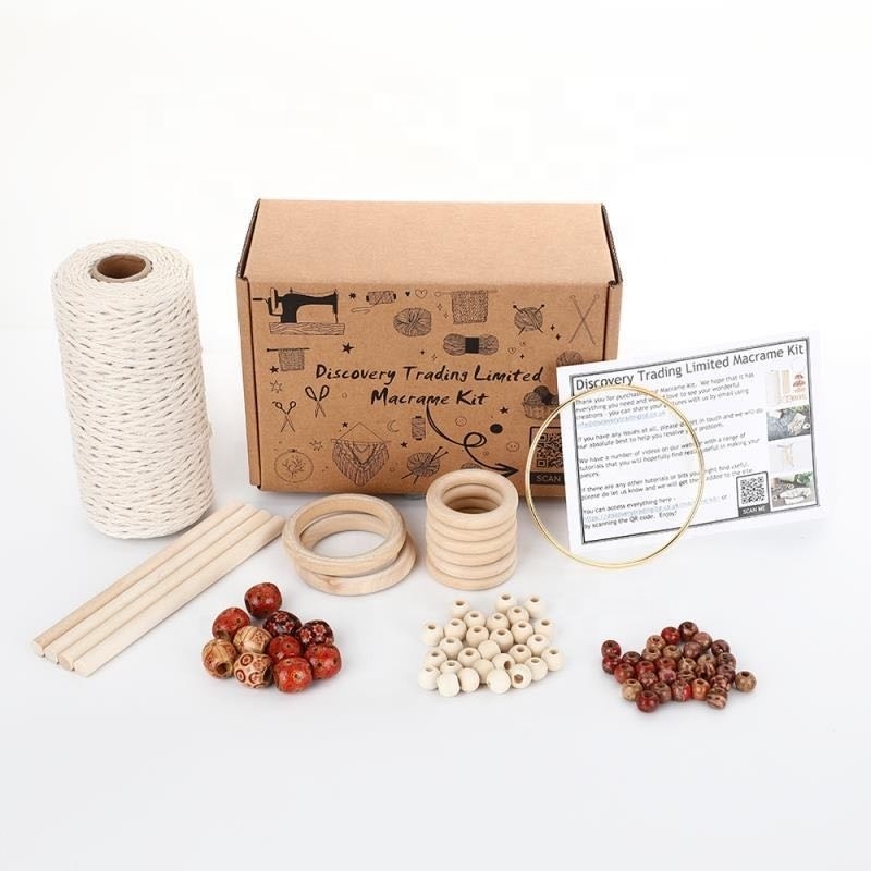 DIY Macrame Kit for Adults Beginners, Macrame Beads with Wooden Rings and Wooden Sticks for Macrame Plant Hanger Kit