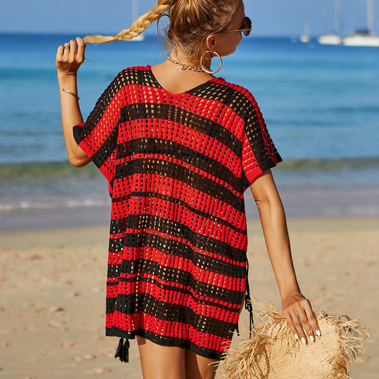 2024 summer new beach blouse hollowed-out rope holiday strip sweater crochet top