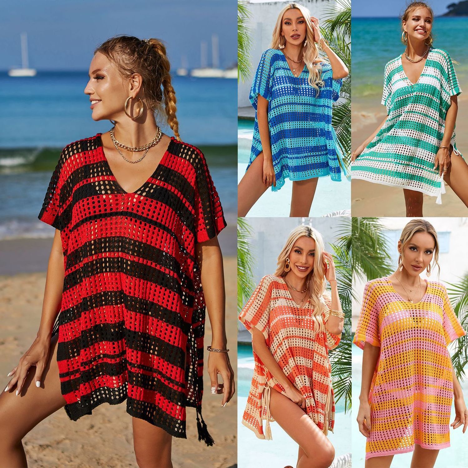 2024 summer new beach blouse hollowed-out rope holiday strip sweater crochet top