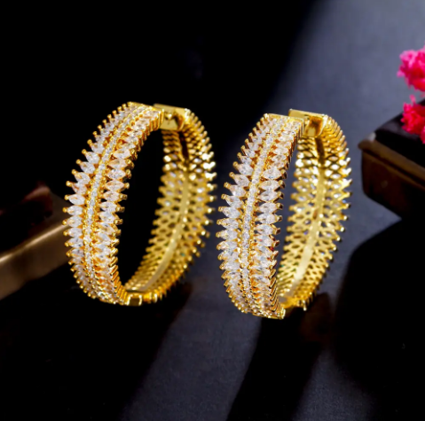 Vintage Brass Bright Heavy African Cubic Zirconia Pave Gold Plated Round Big Wide Statement Wedding Hoop Earrings for Women