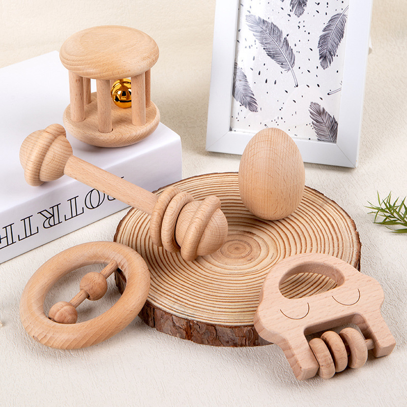 Wholesale Products Beech Wooden Teething Toys Montessori Wood Rattle for Infant Baby Kids ODM OEM Support