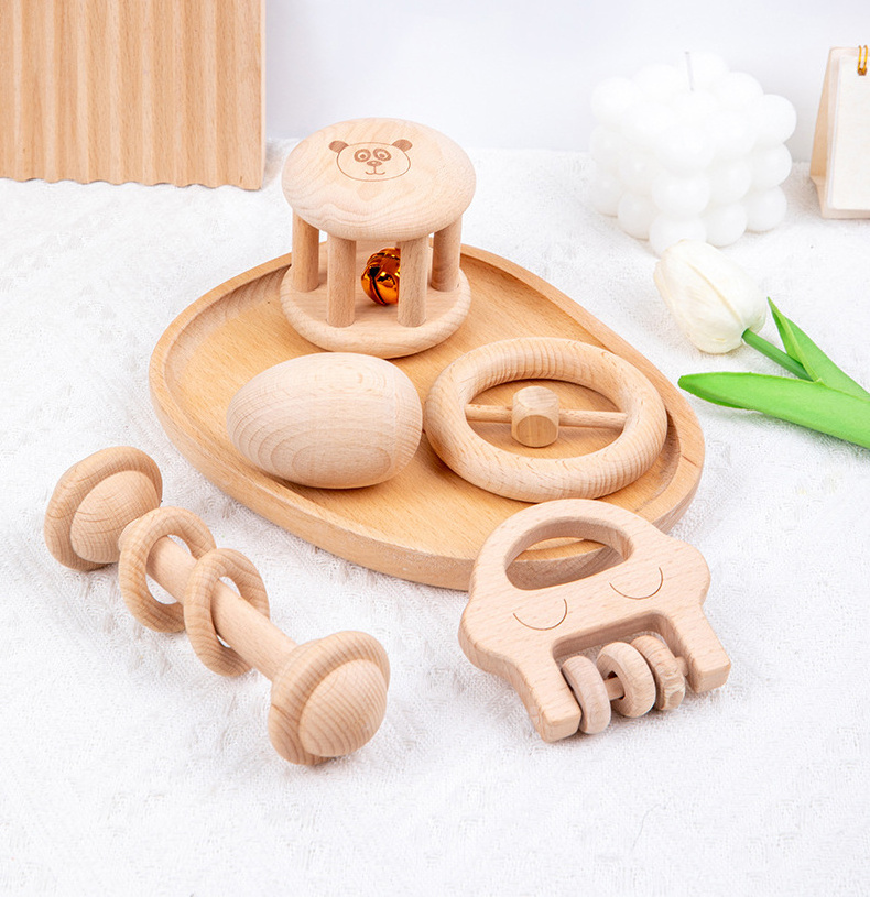 Wholesale Products Beech Wooden Teething Toys Montessori Wood Rattle for Infant Baby Kids ODM OEM Support