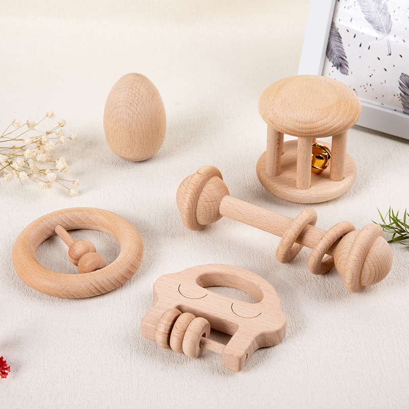 Wholesale Products Beech Wooden Teething Toys Montessori Wood Rattle for Infant Baby Kids ODM OEM Support