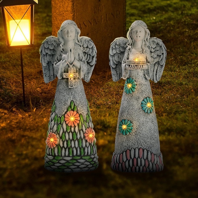 Resin Angel Figurines Solar Garden Statues Outdoor Sculptures for Patio Yard Lawn Decorations