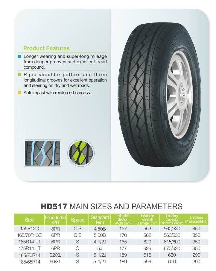 HAIDA brand passenger car tyre HD517 155R12C 165 70R13C 165R14 LT 175R14LT 185 70R14 185 65R14 PCR semi steel tires