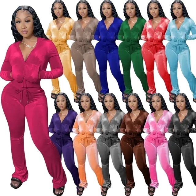 clothes Women's sweatpants and hoodie Set Zipper Crop Top Velvet Jogging suit Velour tracksuits two piece set women clothing