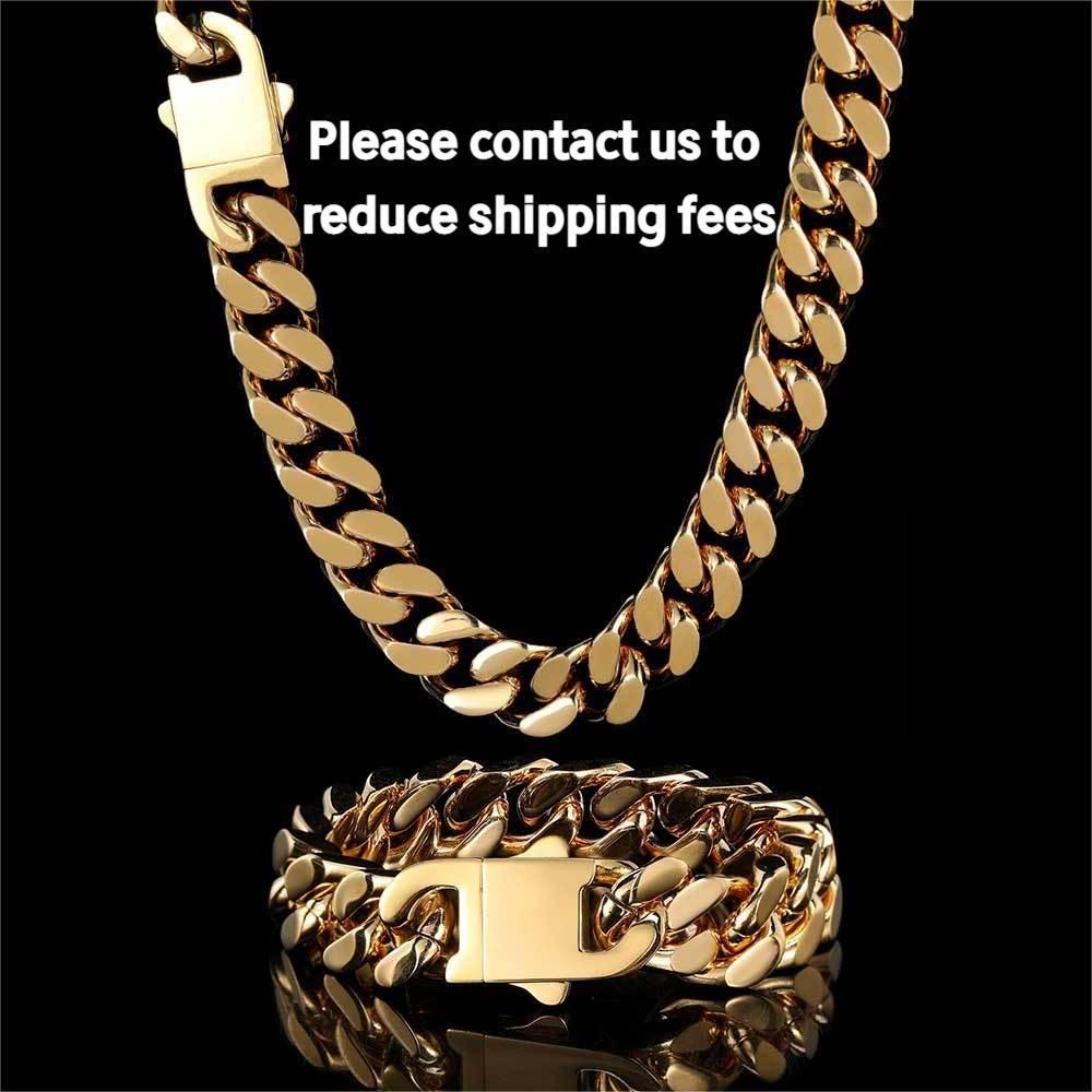 12mm Hip Hop 18k Gold Plated Jewelry Wholesale Stainless Steel Cuban Link Chain Gold Necklace Bracelet For Men