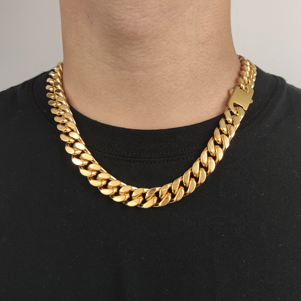 12mm Hip Hop 18k Gold Plated Jewelry Wholesale Stainless Steel Cuban Link Chain Gold Necklace Bracelet For Men