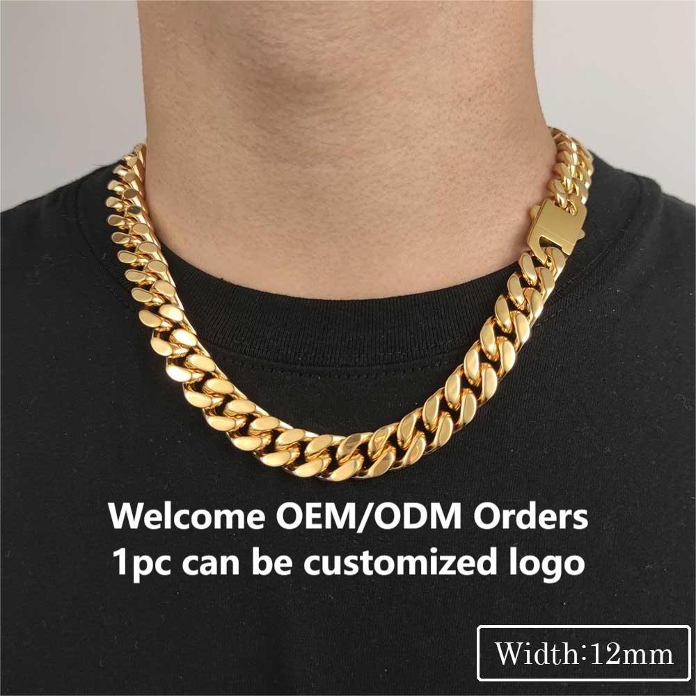 12mm Hip Hop 18k Gold Plated Jewelry Wholesale Stainless Steel Cuban Link Chain Gold Necklace Bracelet For Men