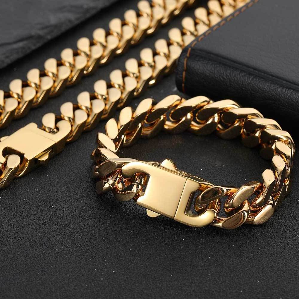 12mm Hip Hop 18k Gold Plated Jewelry Wholesale Stainless Steel Cuban Link Chain Gold Necklace Bracelet For Men