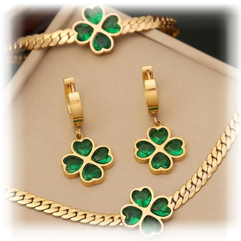 Wholesale Women Emerald Zircon Heart Four Leaf Clover Necklace Bracelet Earrings 18k Gold Plated Stainless Steel Jewelry Set