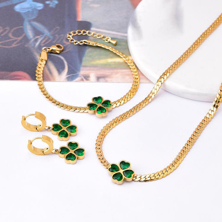 Wholesale Women Emerald Zircon Heart Four Leaf Clover Necklace Bracelet Earrings 18k Gold Plated Stainless Steel Jewelry Set