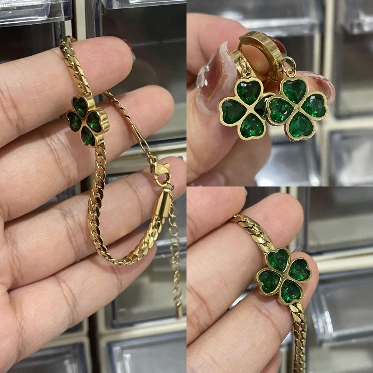 Wholesale Women Emerald Zircon Heart Four Leaf Clover Necklace Bracelet Earrings 18k Gold Plated Stainless Steel Jewelry Set