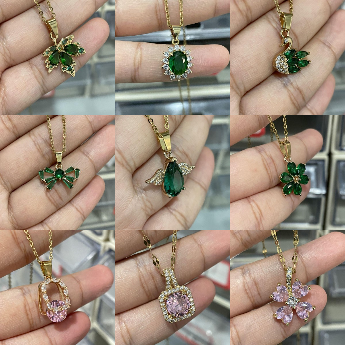 Carline Wholesale 18k Gold Plated Emerald Stainless Steel Zircon Leaf Flower pendant Necklace Jewelry