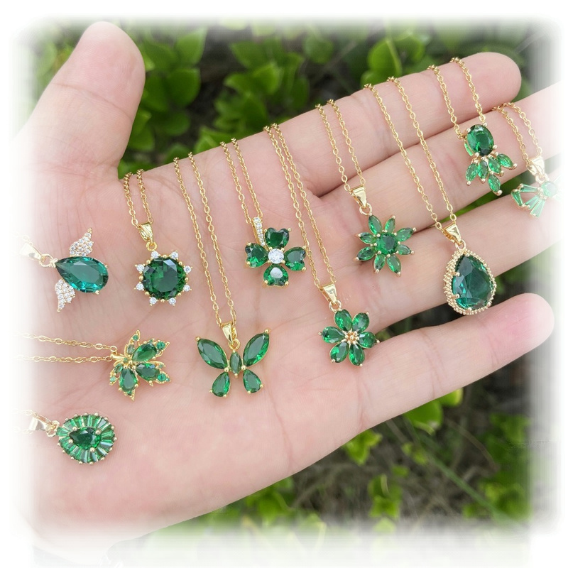 Carline Wholesale 18k Gold Plated Emerald Stainless Steel Zircon Leaf Flower pendant Necklace Jewelry