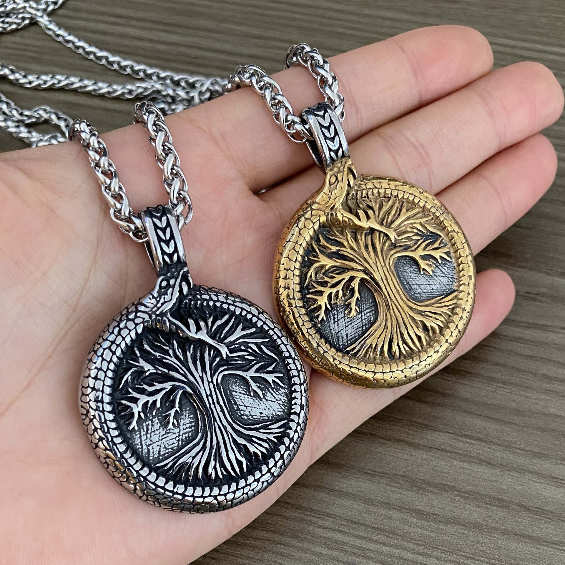 Stainless Steel Jewelry Viking Tree Of Life Necklace Snake Wolf Raven Pendant 18k Gold Plated Jewelry Keel Chain For Men