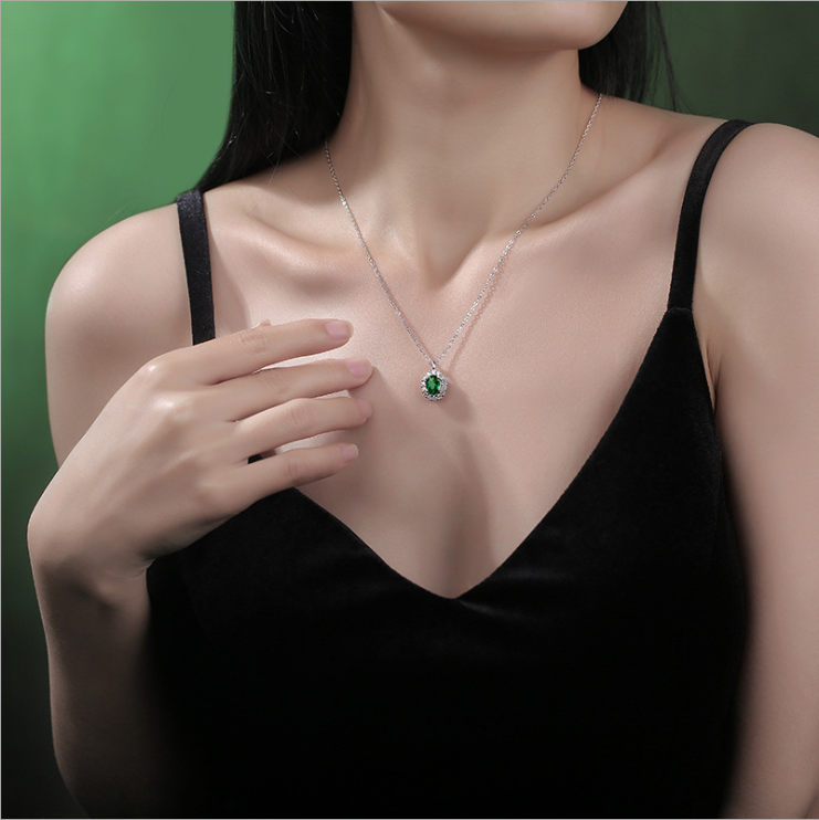 Carline Custom Luxury Oval Cut Lab Grown Emerald 925 Sterling Silver Gem Stone Iced Out Pendant Necklace Jewelry