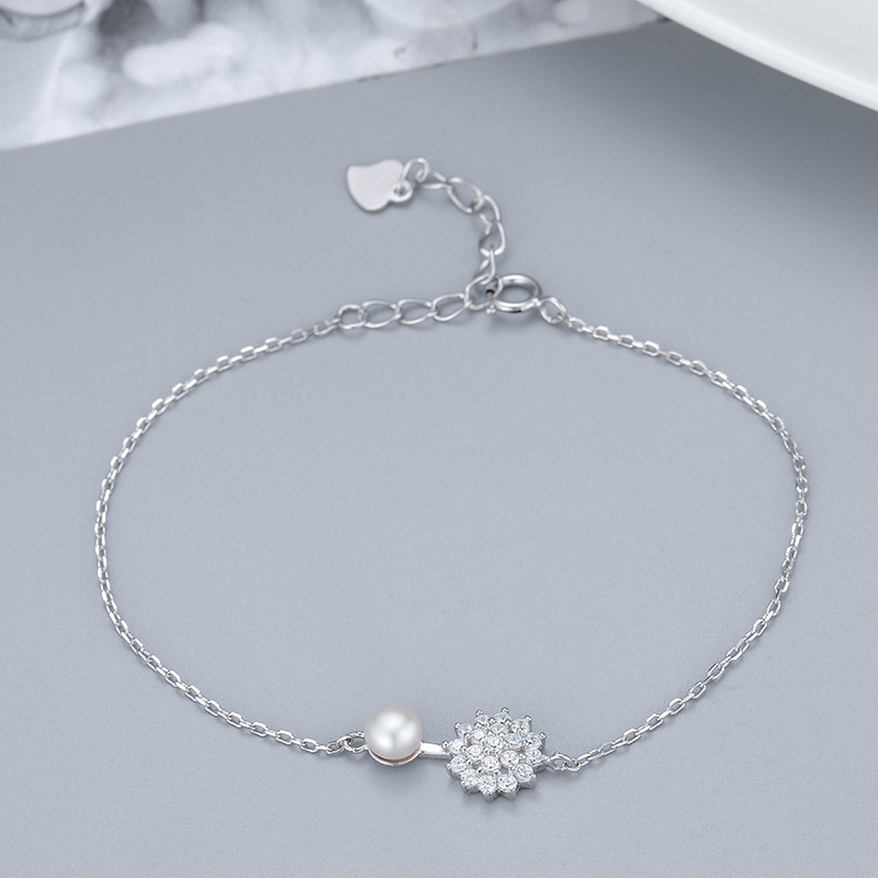 925 Silver Gold Plated Cute Cultured Freshwater Button Drop Pearl Four Leaf Clover Flower Zircon Charm Bracelet for Women