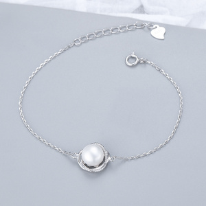 925 Silver Gold Plated Cute Cultured Freshwater Button Drop Pearl Four Leaf Clover Flower Zircon Charm Bracelet for Women