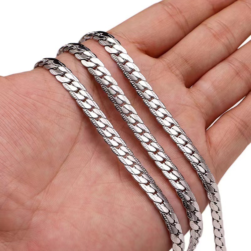 OEM Custom Hip Hop Jewelry Silver Flat Cuban Link Chain Punk 8mm Embossed Stainless Steel Cuban Bracelet Necklace For Men