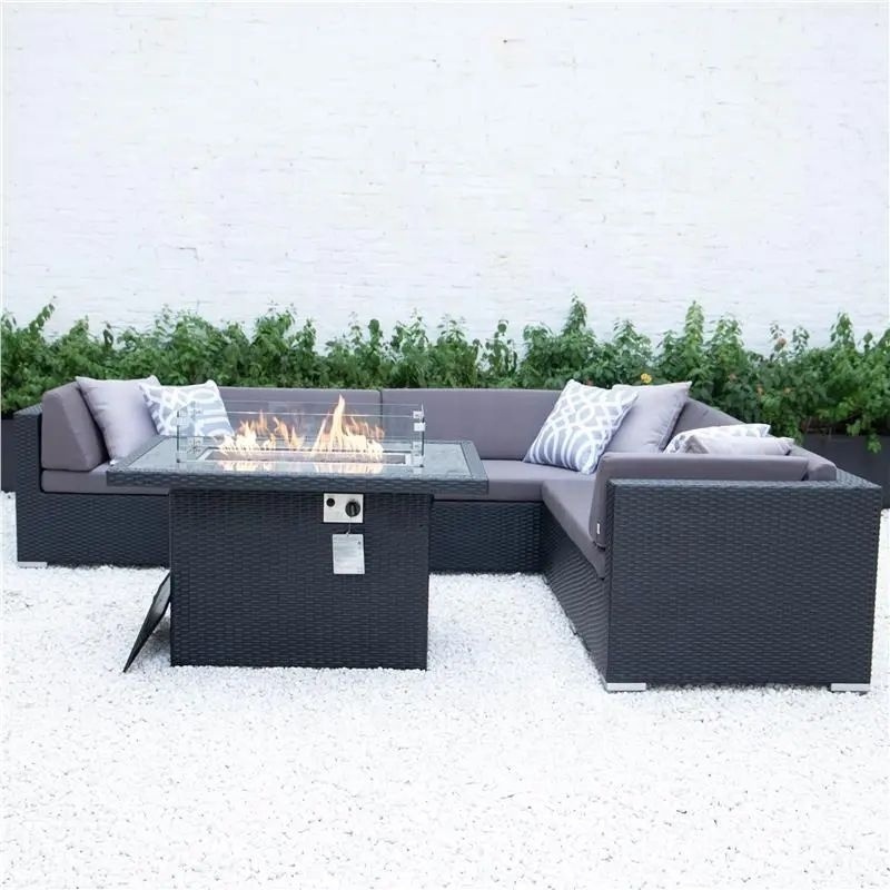 MANDELA Patio Garden Outdoor Furniture Sets With Fire Pit Table Modern Rattan Sofa Waterproof Sectional Sofa Set