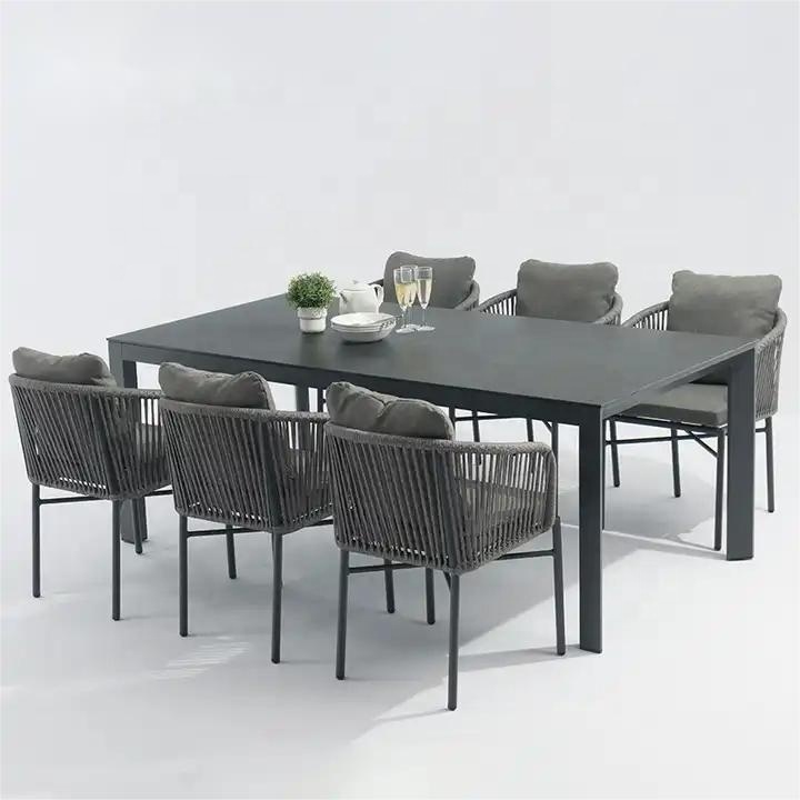 Contemporary Indoor Outdoor Use Ceramic Top Aluminium Frame Dining Table Rectangle Black Dinning Table Set