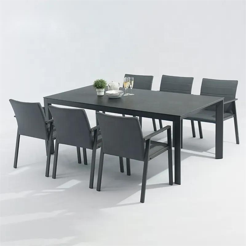 Contemporary Indoor Outdoor Use Ceramic Top Aluminium Frame Dining Table Rectangle Black Dinning Table Set