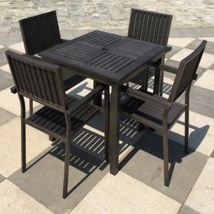 MANDELA Modern Outdoor Bench Relax Aluminum Furniture Set Garden Stackable Conversational Dining Table and Fabric Arm Chair