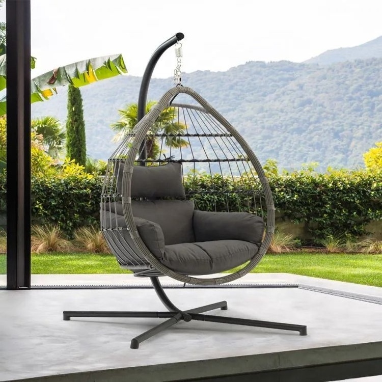 MANDELA Hot sell outdoor patio hanging rattan swing egg chair with stand wicker hanging chair