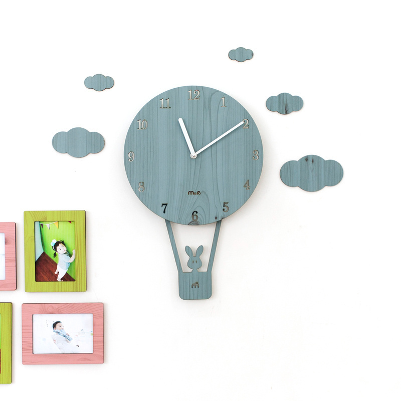 MDF Wooden Very Cute hot air balloon bunny pendulum wall clock popular for young girl