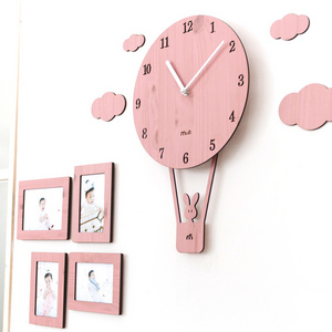 MDF Wooden Very Cute hot air balloon bunny pendulum wall clock popular for young girl