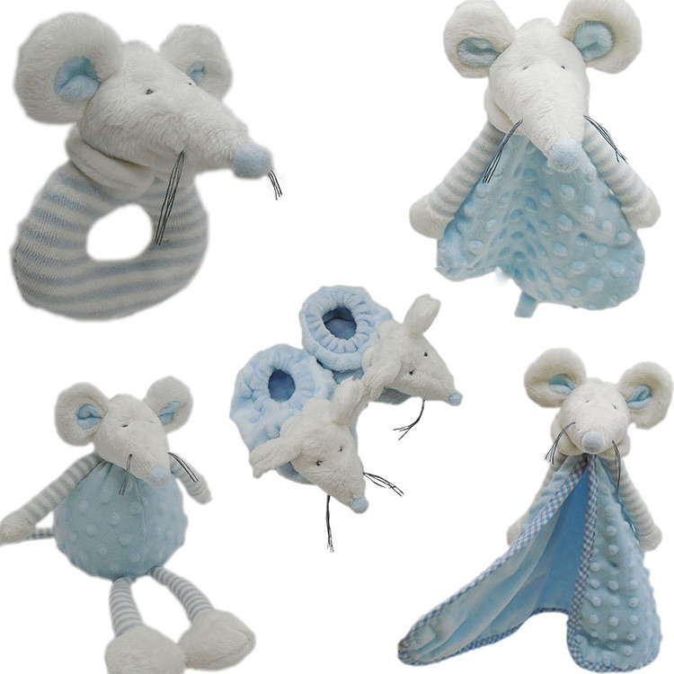 Babies play toy plush baby rattle set blue mouse baby toys