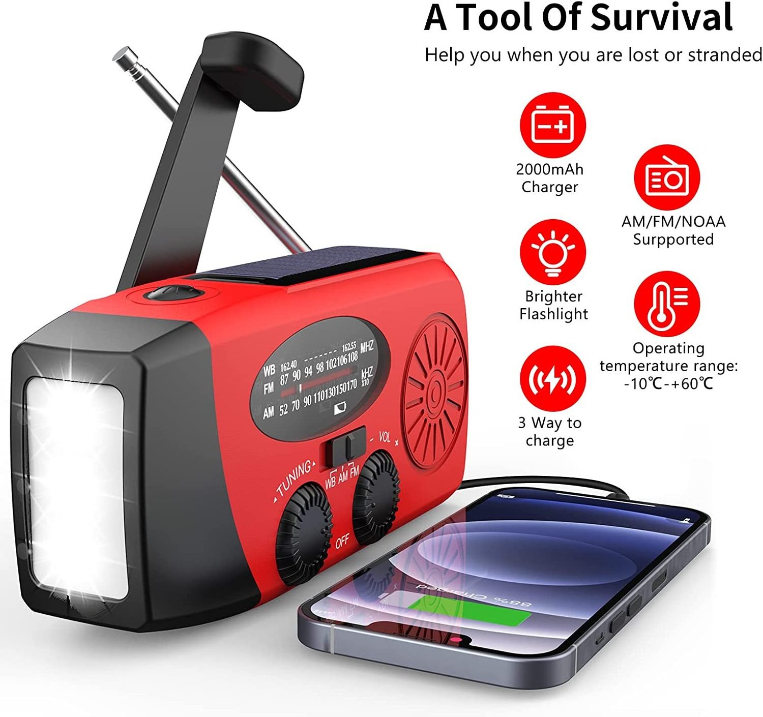 Best Selling Portable Mini Hand Crank Radio 2000mAh Power Bank USB Feature SOS Flashlight Survive Emerncy  LED Flashlight