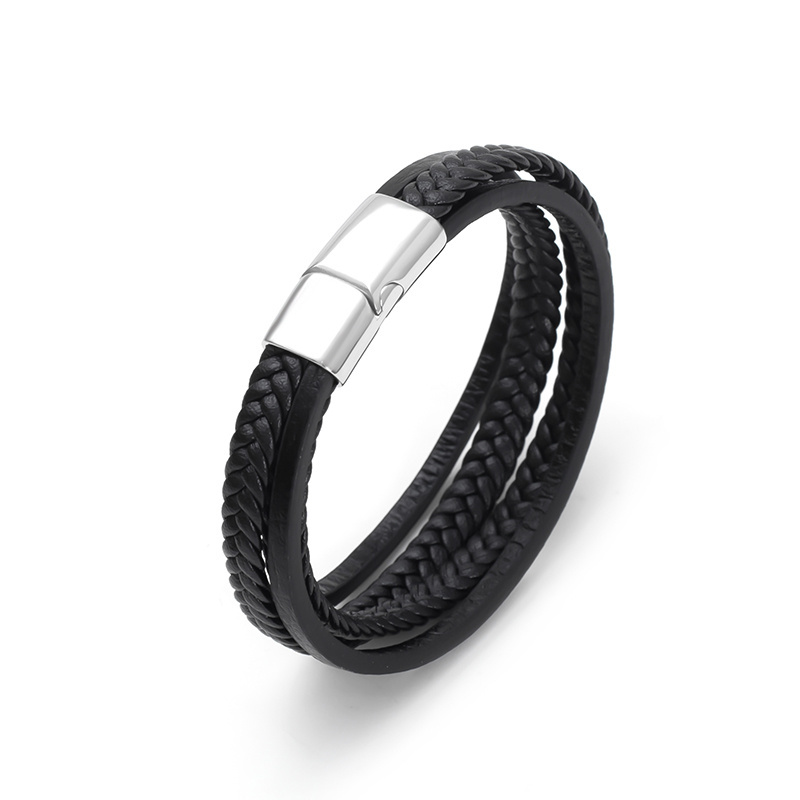 Stylish stainless steel magnetic black men's bracelet with leather woven bracelet jewelry