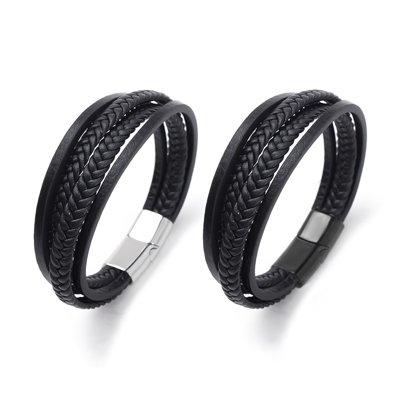 Stylish stainless steel magnetic black men's bracelet with leather woven bracelet jewelry