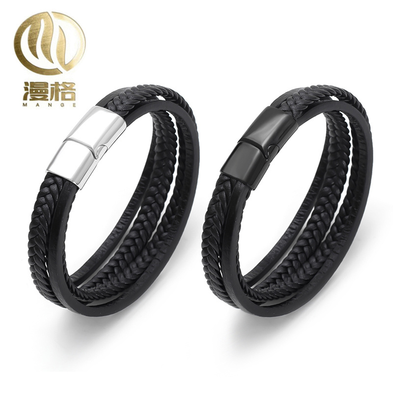 Stylish stainless steel magnetic black men's bracelet with leather woven bracelet jewelry