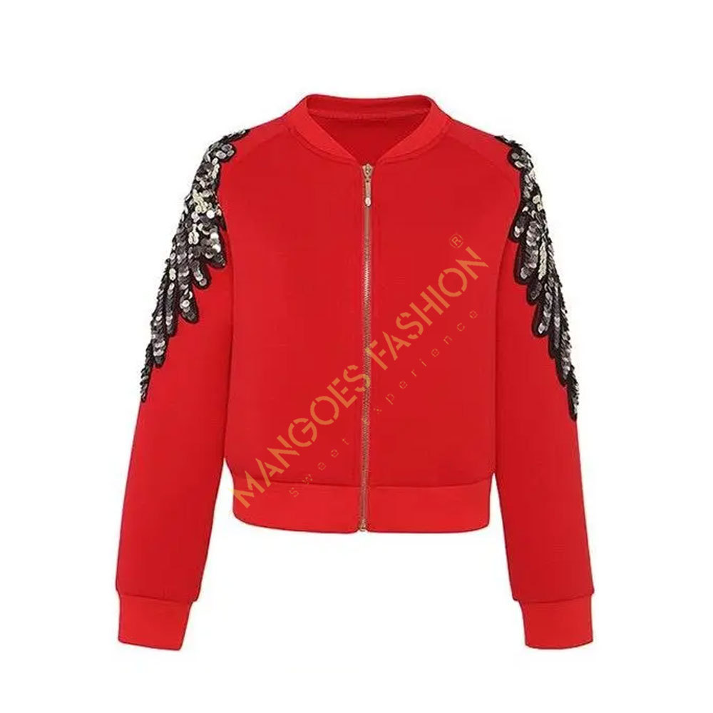 Women's Red Sequin Beaded Jacket - Short Coat for Spring and Autumn, Fashionable Baseball Uniform Overcoat