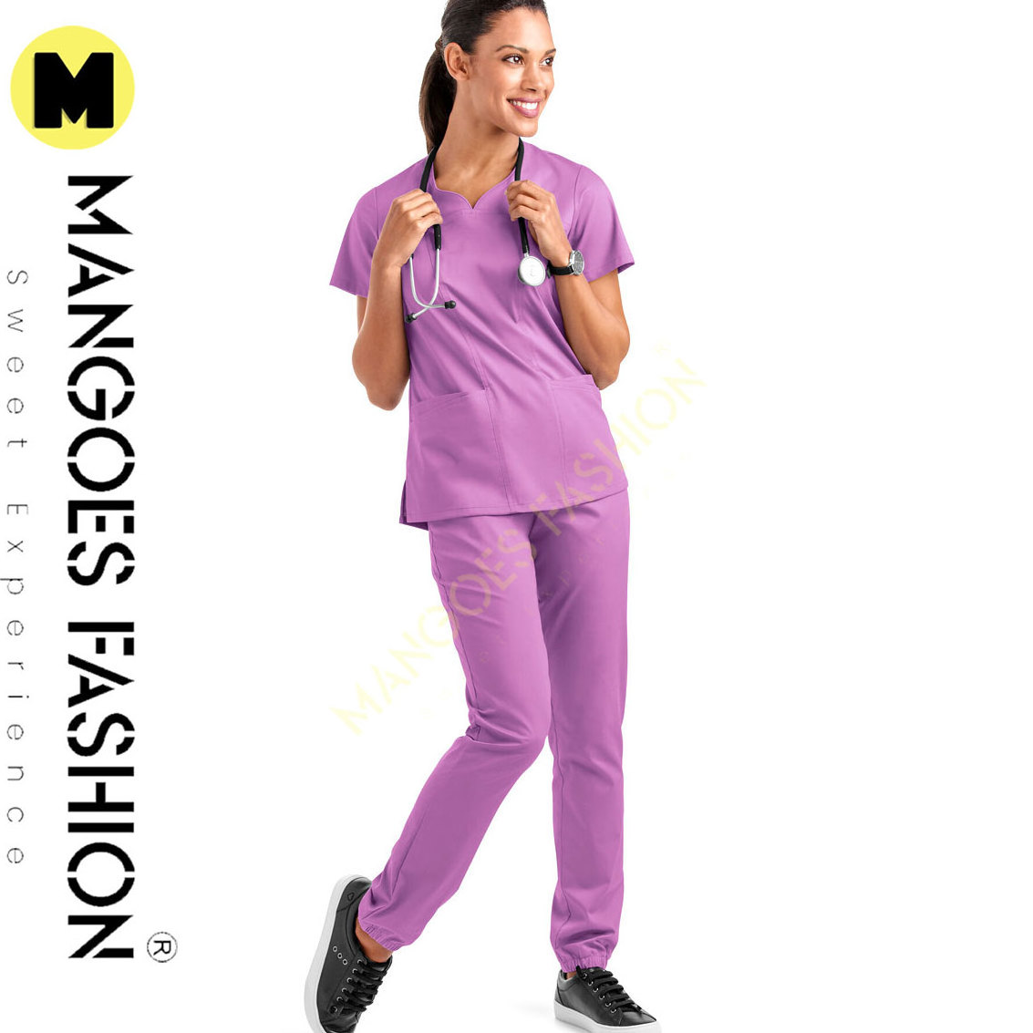 Premium Quality Butter-Soft Stretch Women's 4-Pocket Sweetheart Neck Scrub Top Comfortable Doctor Surgical Gown in Polyester