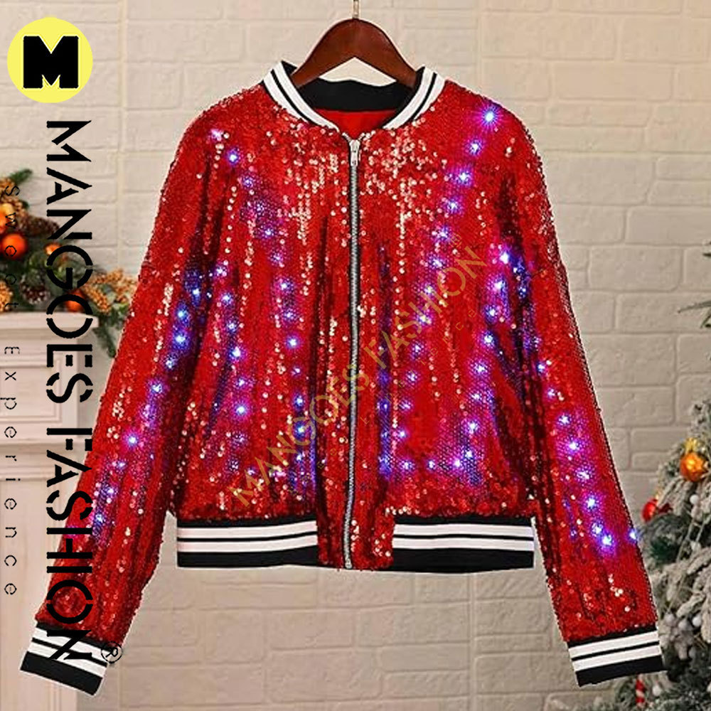 Red Sparkling Women's Sequin Jacket Coat Long Sleeve Bomber Jacket with LED Lights for Glamorous Party and Club Outfits