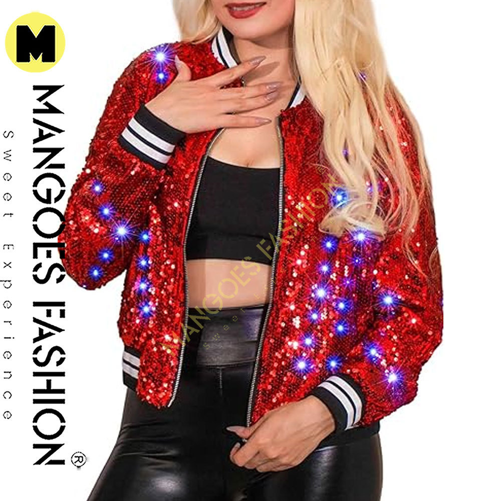 Red Sparkling Women's Sequin Jacket Coat Long Sleeve Bomber Jacket with LED Lights for Glamorous Party and Club Outfits