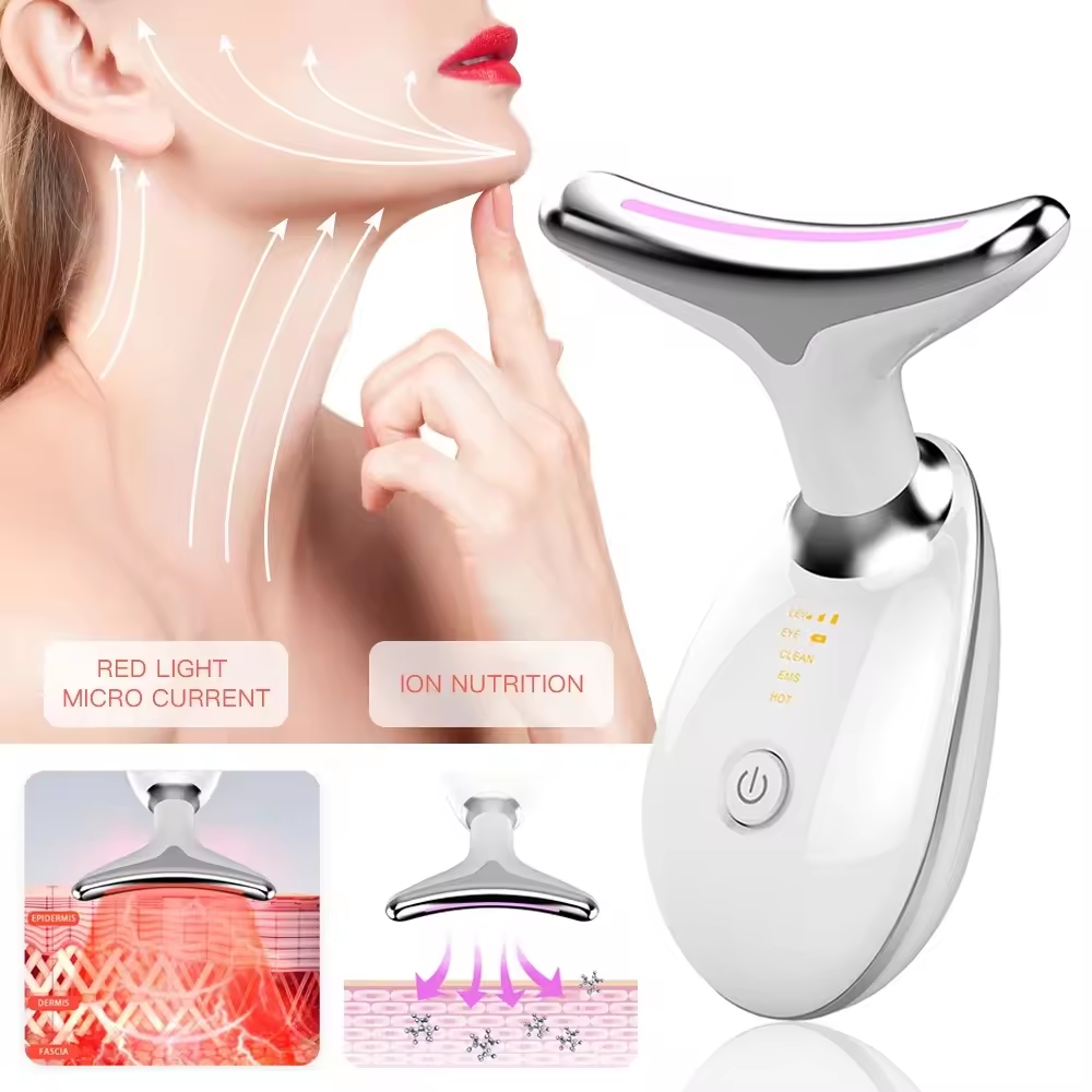 Home Use Micro-Current Vibration 7 Colors Led Light Therapy Facial Beauty Device Double Chin Ems Face Neck Lifting Massager