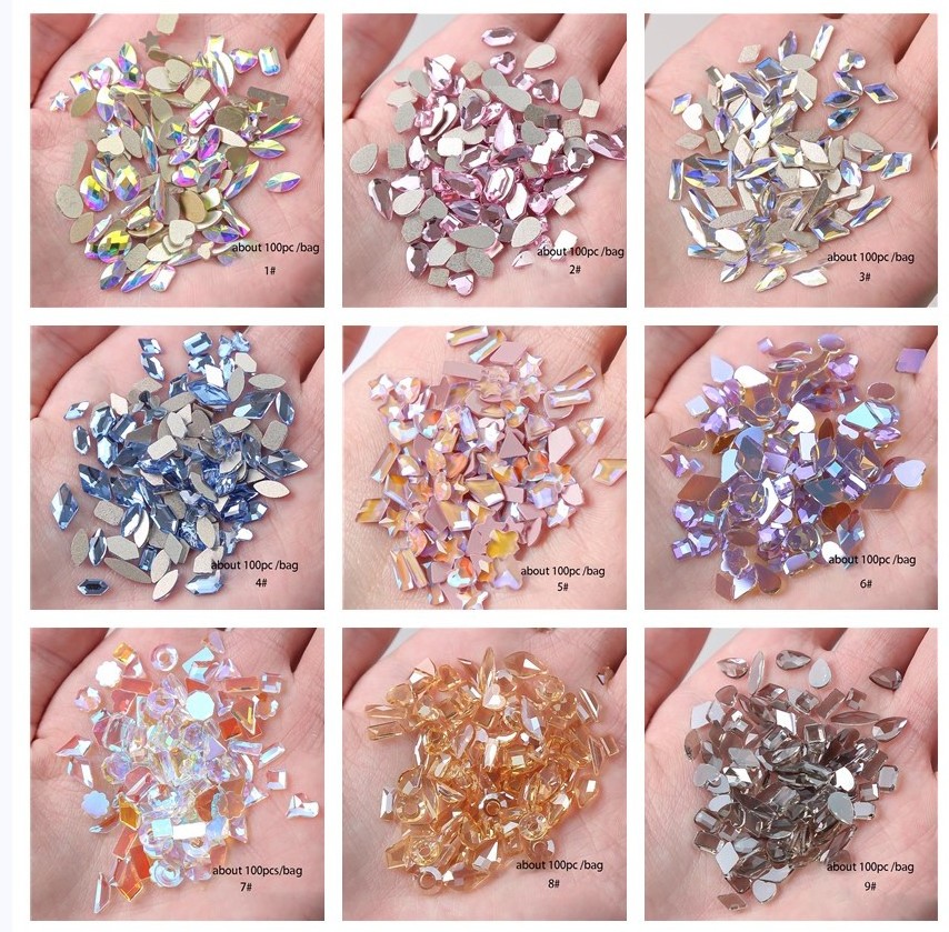 Fashion Mixed Shape 100pcs AB Mine Black Orange Purple Blue Green Crystal Nail Art Rhinestones Flatback  Shiny Glass Nail Stones