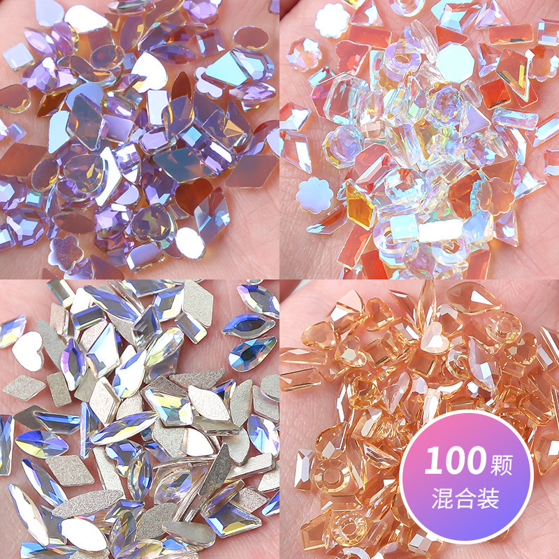 Fashion Mixed Shape 100pcs AB Mine Black Orange Purple Blue Green Crystal Nail Art Rhinestones Flatback  Shiny Glass Nail Stones