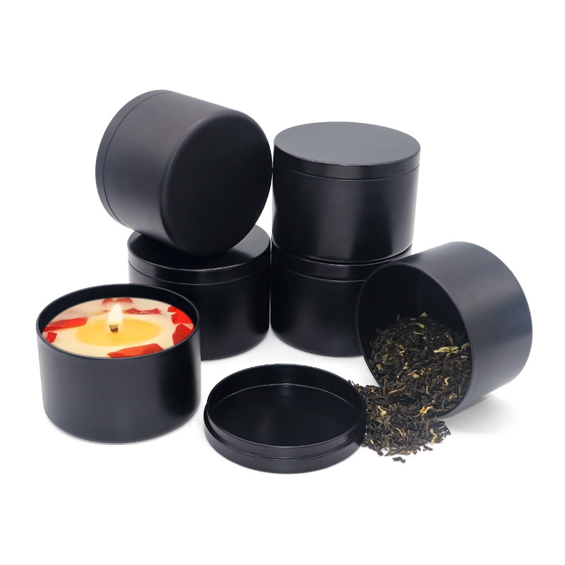 Wholesale food grade mini small round tea tin box custom cylinder 4oz 8oz black candle tea tins for loose tea