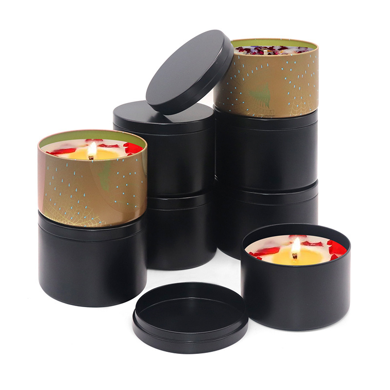 Recyclable Custom Seamless Empty Candle Tin Round 4oz 8oz 16oz metal candle Jars Black Tin Candle Containers