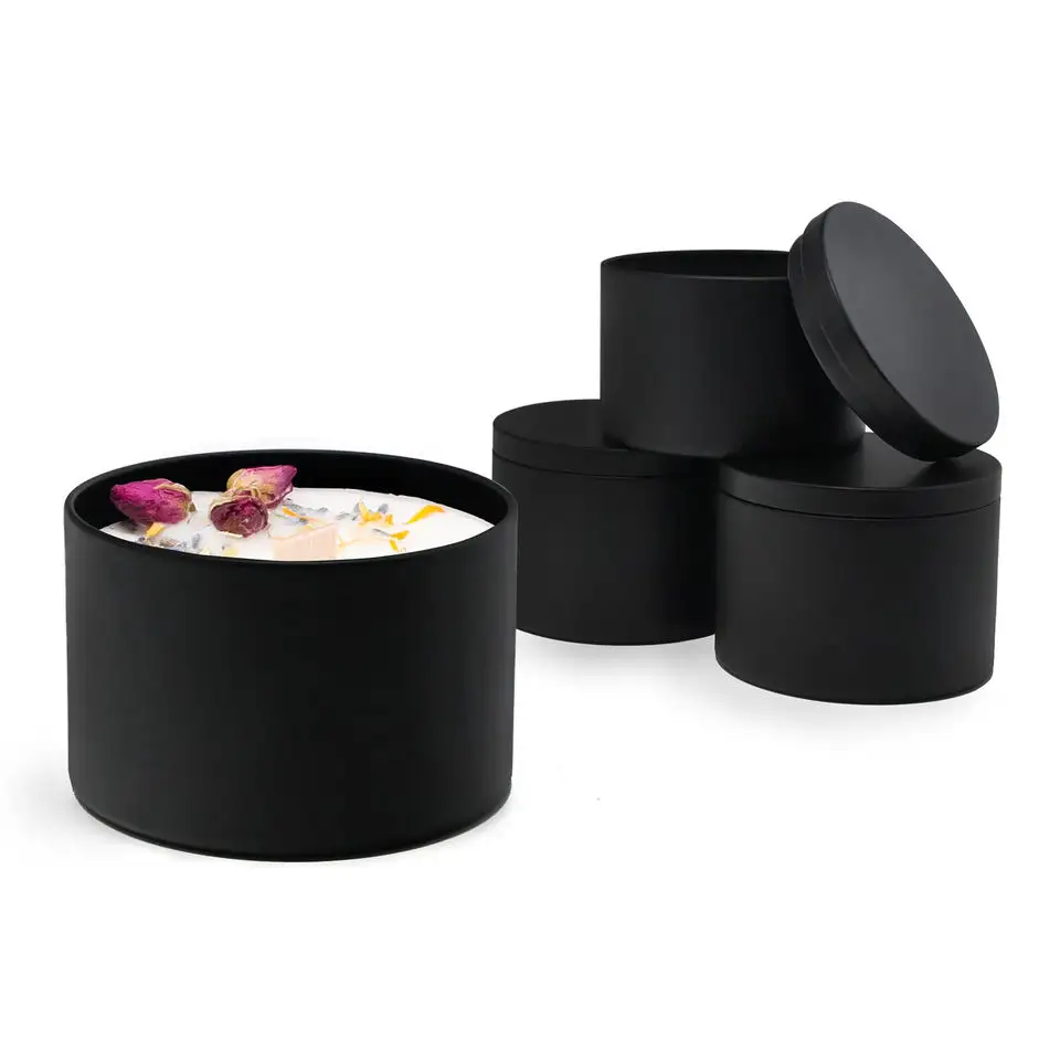 wholesale round metal tin candle containers empty tin can 4oz 8oz 16oz black candle tin with lids