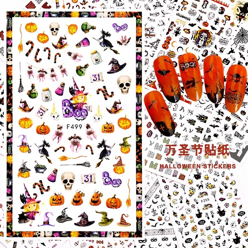 Halloween Laser Nail Sticker decals bulk Pumpkin Skull Bat Spider Web nail Art charms nail painting stickers supplier