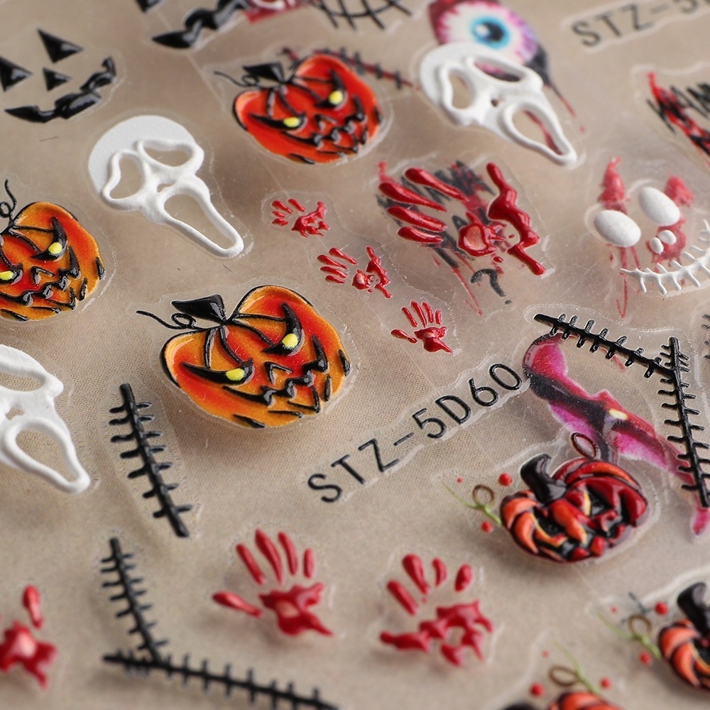 5D Halloween Laser Embossed Nail Sticker bulk Pumpkin Skull Bat Spider Web nail Art charms nail painting stickers supplier