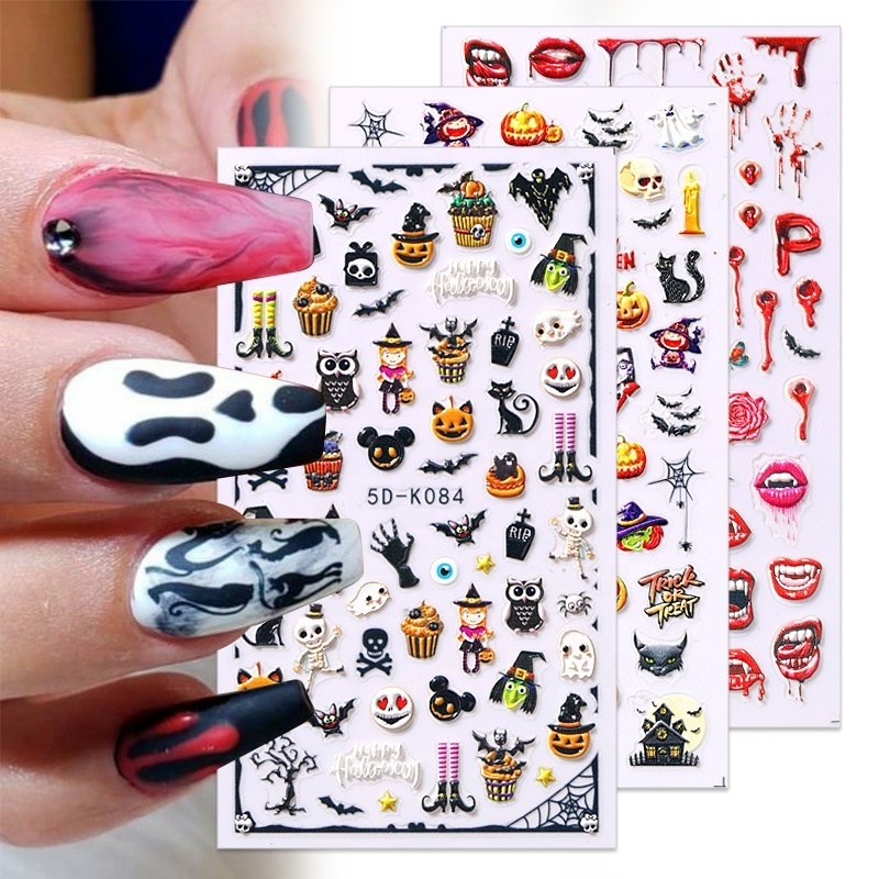 Halloween Laser Embossed Nail Sticker bulk Pumpkin Skull Bat Spider Web nail Art charms nail painting stickers supplier