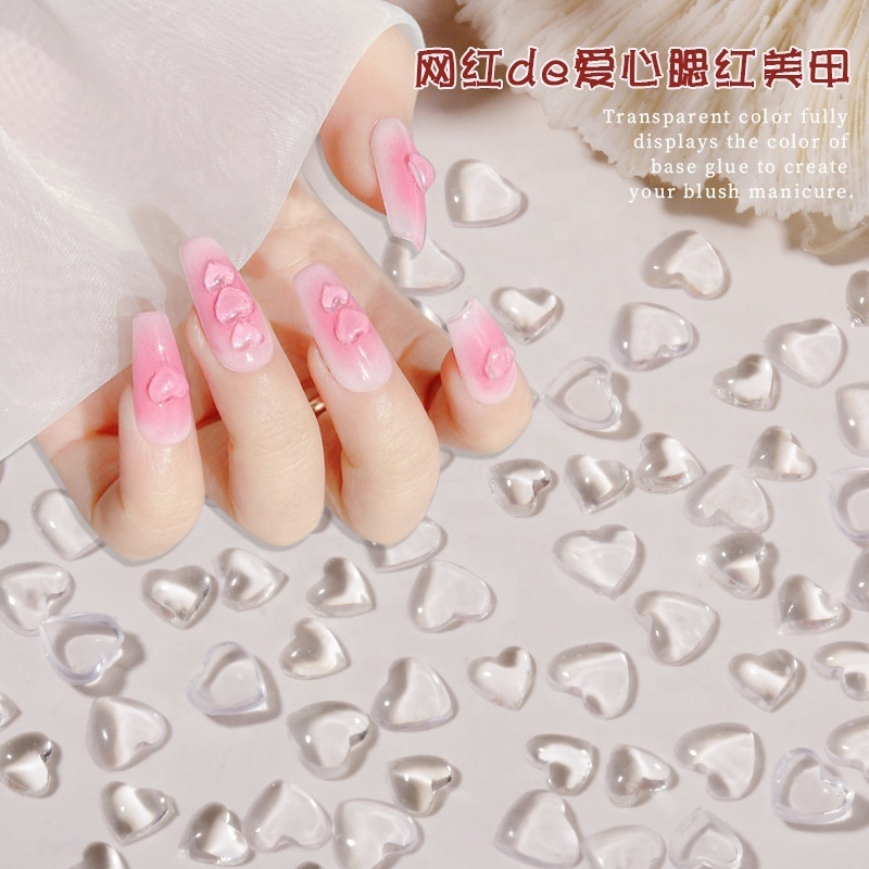 Kawaii 100pcs/pack  heart love resin nail art charm Flat Heart Jelly Blush Heart diy cream glue 3d nail art charm decoration